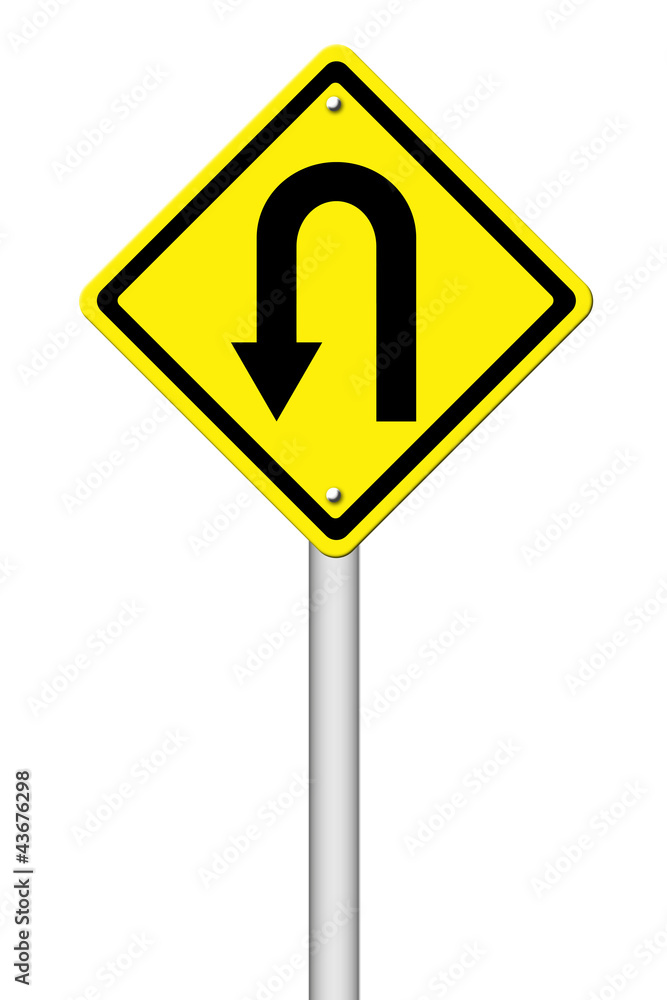 Yellow warning sign u-turn roadsign Yellow warning sign u-turn roadsign