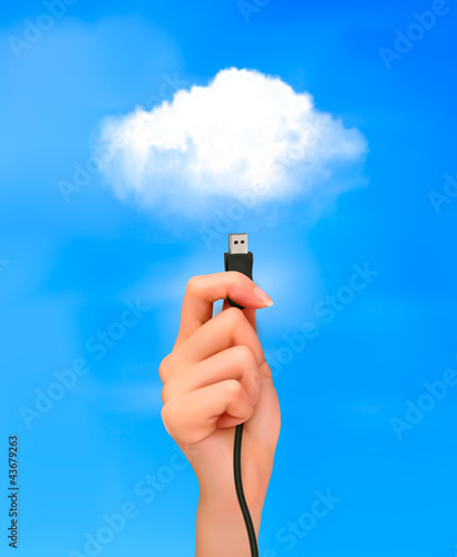 Hand holding cable  Concept of cloud computing