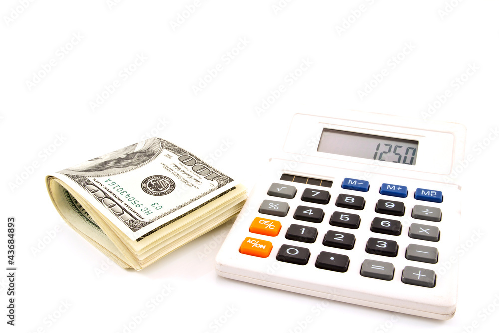 Calculator and dollars isolated on white background. business co Calculator and dollars isolated on white background. business co