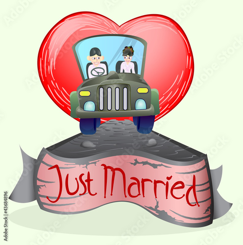 just married couple driving a car
