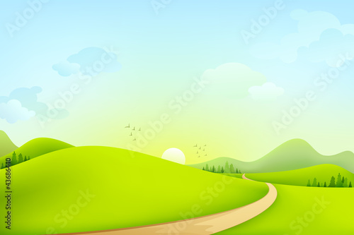 vector illustration of green landscape of sunny morning