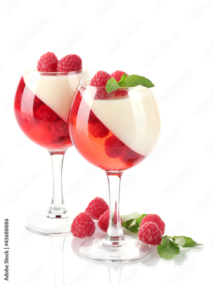 fruit jelly with raspberries in glasses isolated on white fruit jelly with raspberries in glasses isolated on white