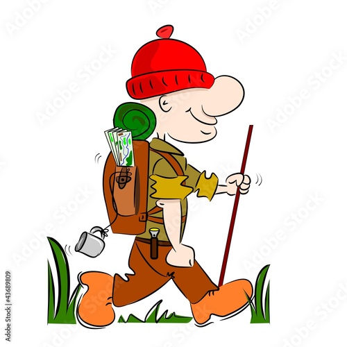 A cartoon hiker rambler going camping with rucksack and stick