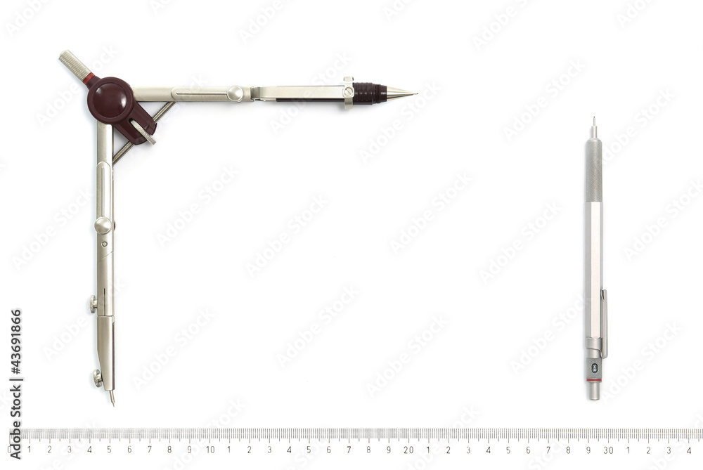 Aluminum pencil, drawing compass and ruler on white background Stock Photo Adobe Stock