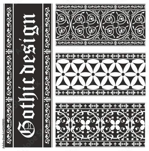 Set of seamless black-and-white gothic floral vector ornaments