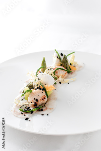 loup de mer carpaccio | jakobsmuschel | passe pierre | orange