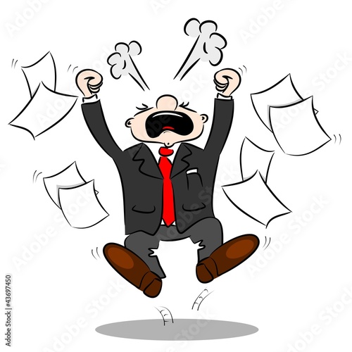 An angry cartoon businessman with blank paper flying around