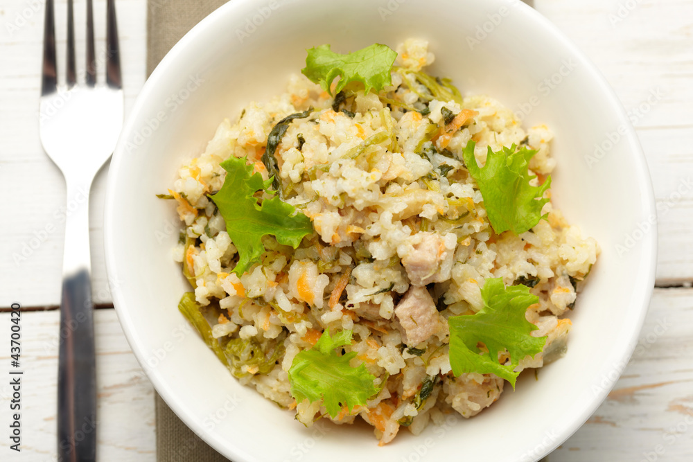 Rice with pork, carrots and spinach Rice with pork, carrots and spinach