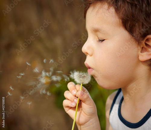 Child blowing a dandelion