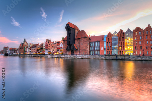 Old town of Gdansk with ancient crane at dusk, Poland
