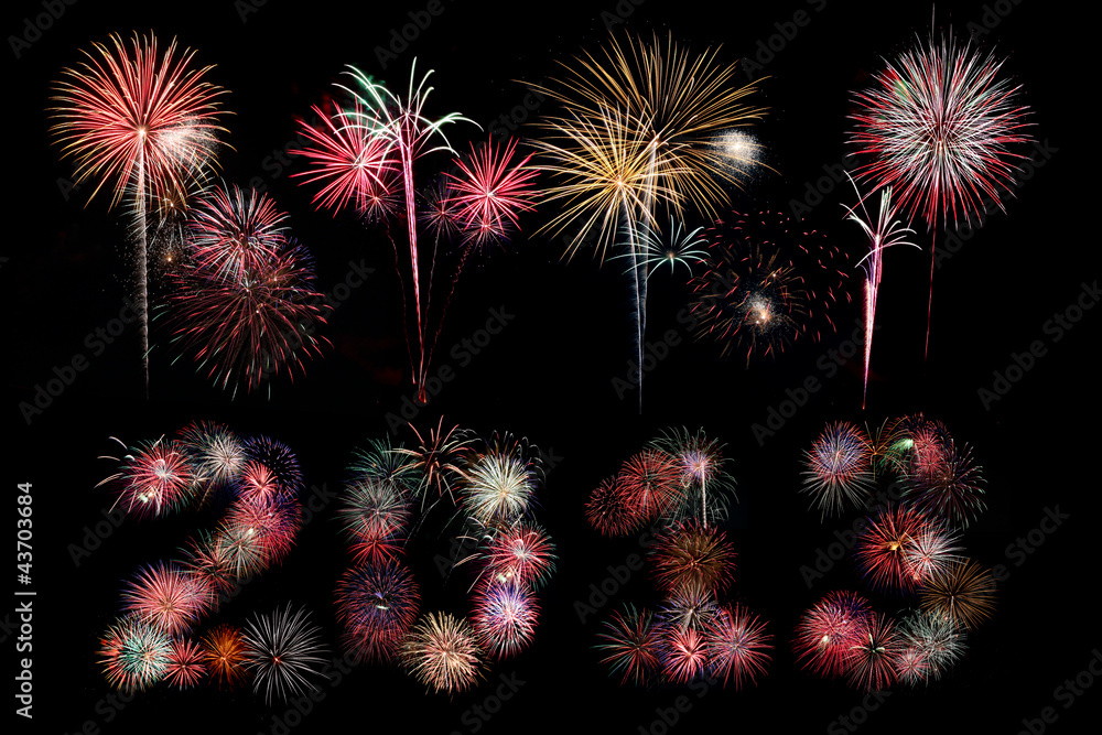 The year 2013 written in fireworks below bursts