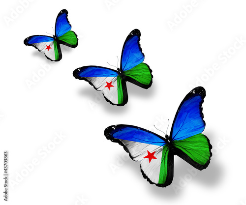 Three Djibouti flag butterflies, isolated on white