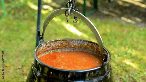 pot of goulash cooking over the campfire photo