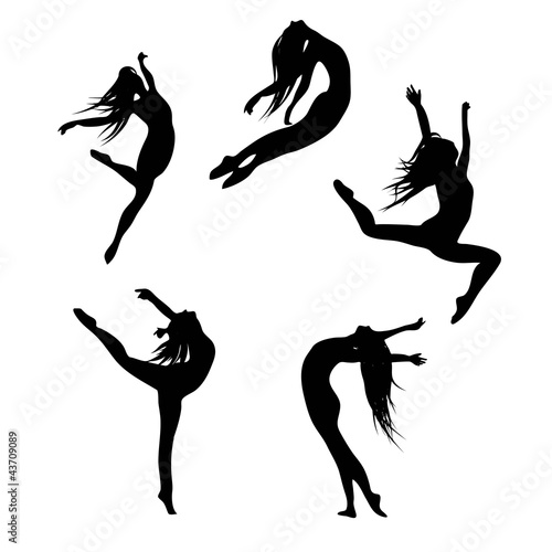 Five black silhouettes dancing(jumping) woman