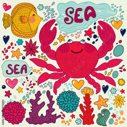Vector wallpaper with fish, fun crab and marine life
