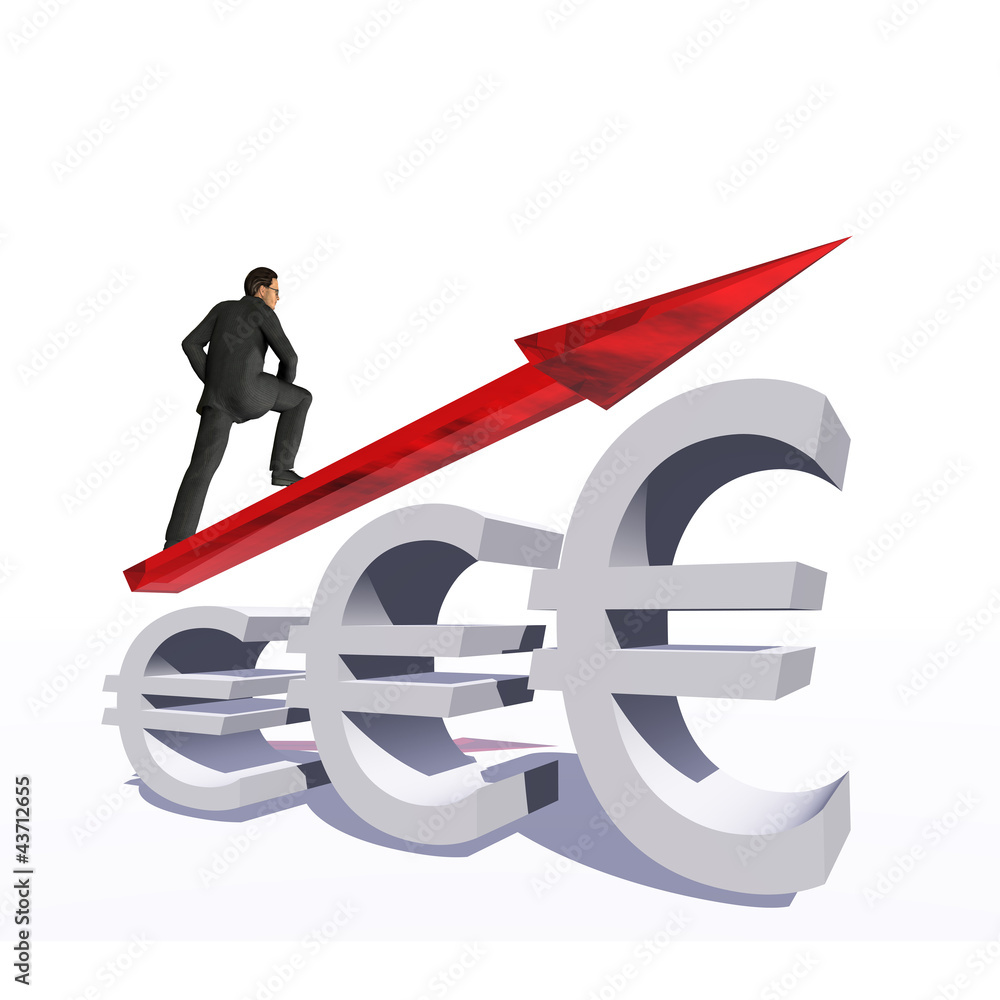 Conceptual 3D glass euro symbol with red arrow pointing Conceptual 3D glass euro symbol with red arrow pointing