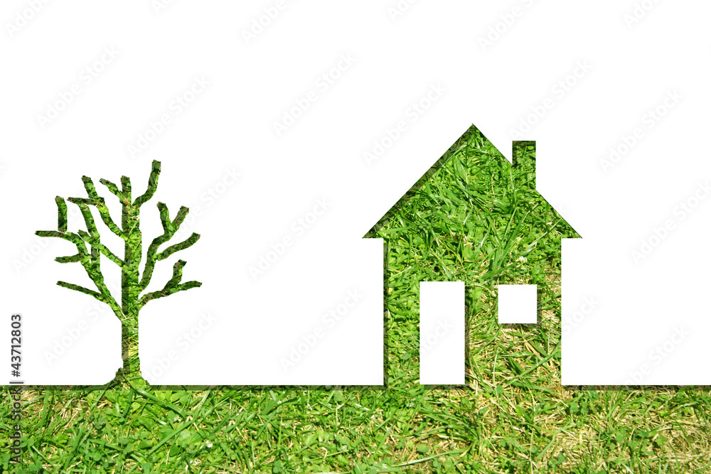Conceptual house symbol of grass with green tree Conceptual house symbol of grass with green tree