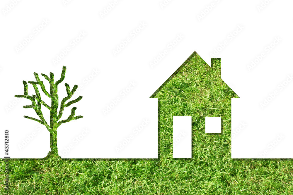 Conceptual house symbol of grass with green tree Conceptual house symbol of grass with green tree