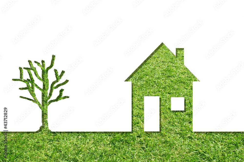 Conceptual house symbol of grass with green tree Conceptual house symbol of grass with green tree