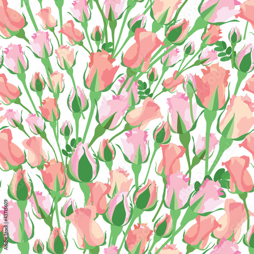 seamless pattern with pink, lilac and white roses on white