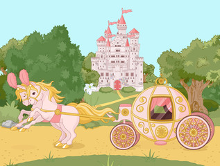 Keuken achterwand Kasteel Sprookjeskoets met witte paarden  © Anna Velichkovsky