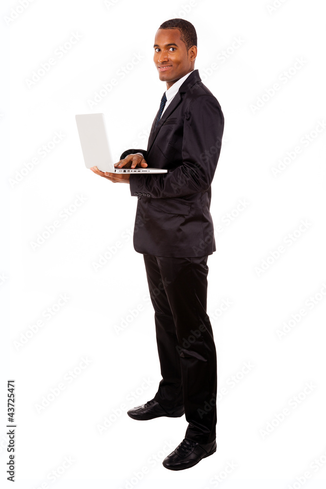 African American business man with laptop, isolated on white African American business man with laptop, isolated on white