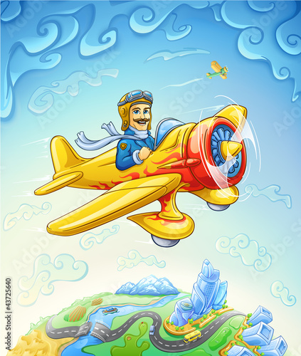 Cartoon plane with pilot flying over the earth