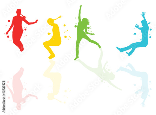 Dancing girls with colorful spots and splashes vector background