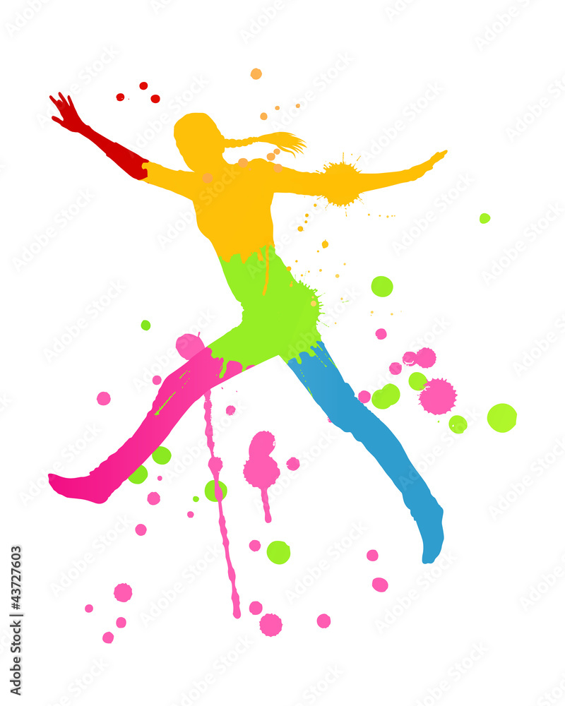 Fototapeta premium Colorful bright ink splashes and happy person vector background