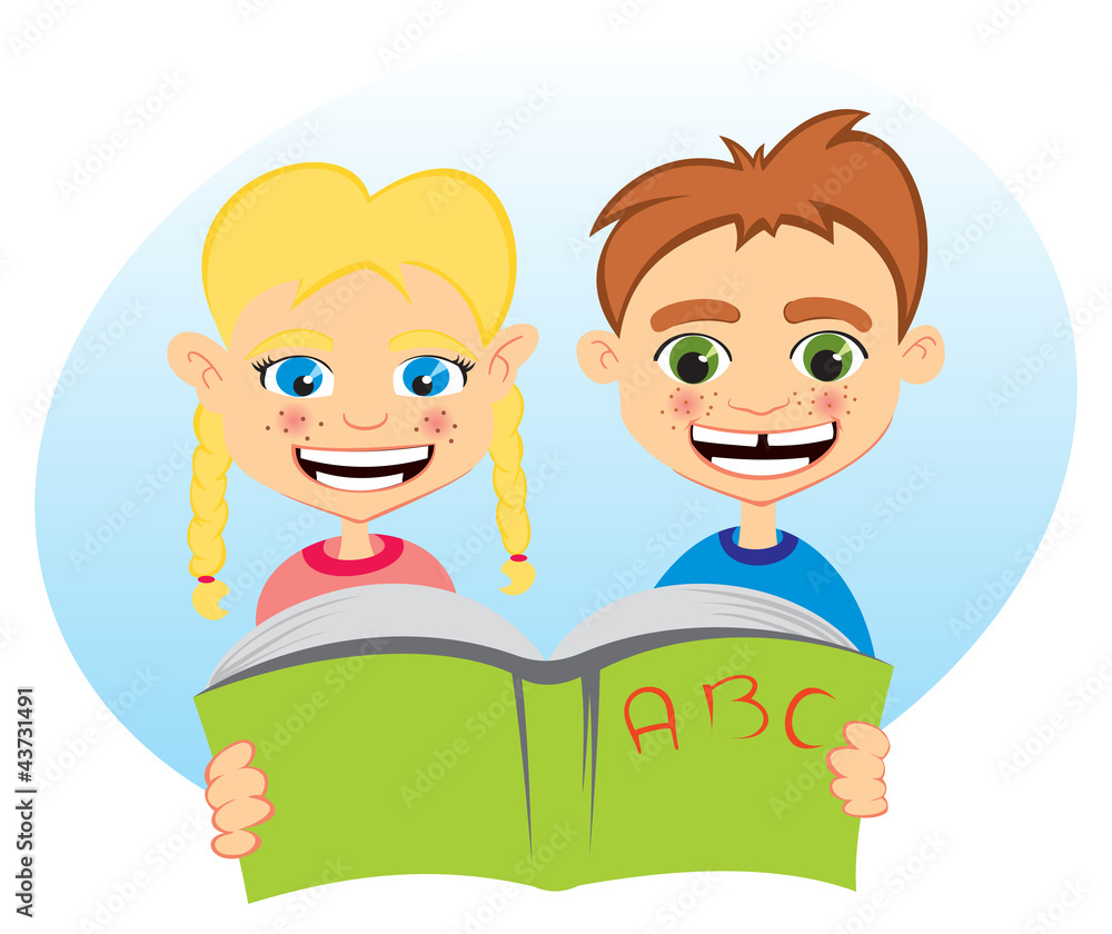 Boy and girl reading together from one book Boy and girl reading together from one book
