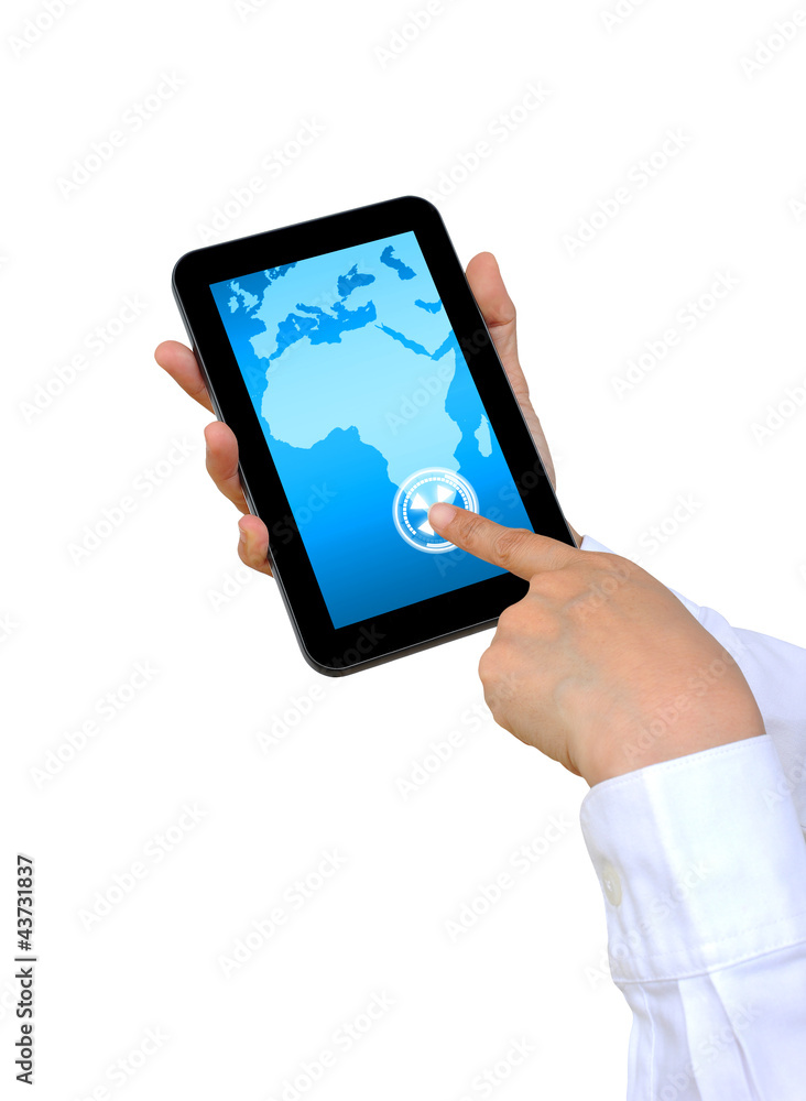 hand pushing Africa Continent on a touch screen interface hand pushing Africa Continent on a touch screen interface