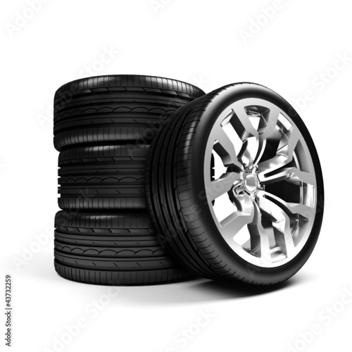 Картината върху платно Set of car wheels isolated over white - 3d render