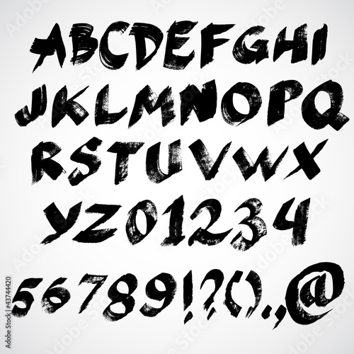 Vector grunge alphabet with letters, numbers and symbols.