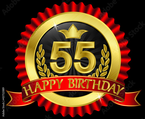 55 years happy birthday golden label with ribbons