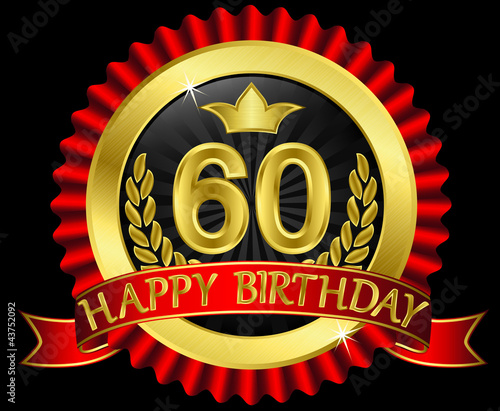 60 years happy birthday golden label with ribbons