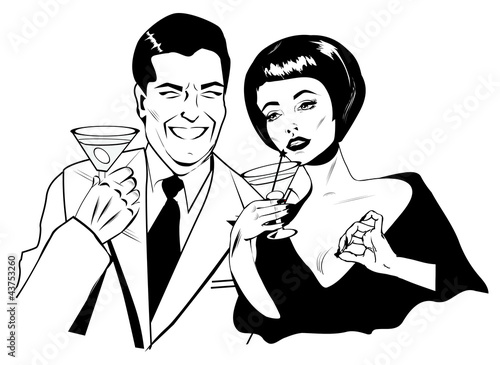 Couple With Cocktails Toasting - Retro Clip Art