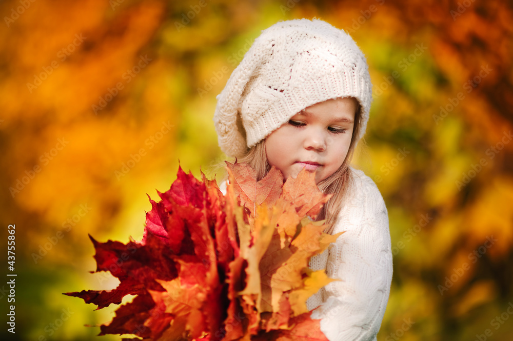 Cute little girl with autumn leaves in the park Cute little girl with autumn leaves in the park