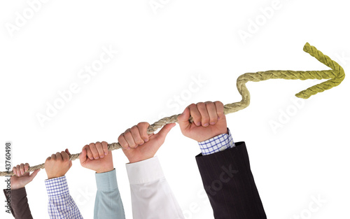 Vászonkép Hands holding rope with yellow arrow, concept of stagnation