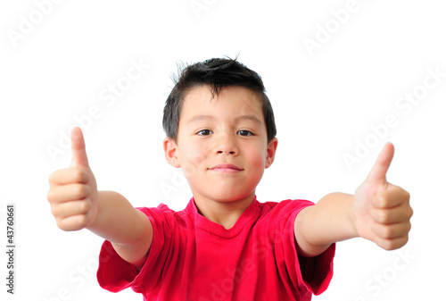 Boy in Red T-Shirt with Two Thumbs Up