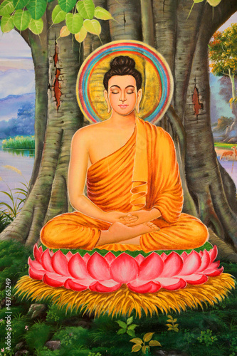 Buddha's biography painting on wall of Wat Pa Samoson