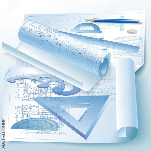 Architectural background with rolls of drawings