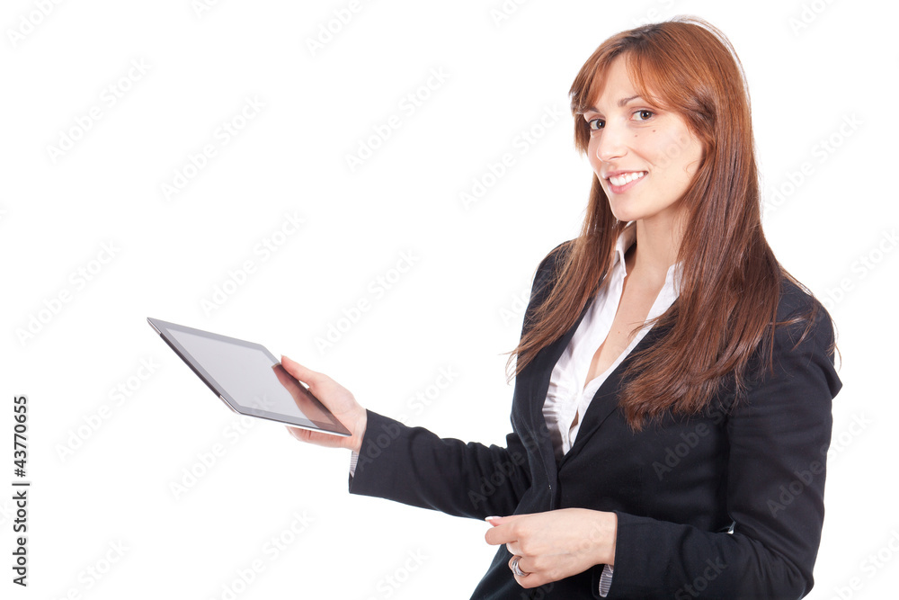 woman holding a portable computer and smiling woman holding a portable computer and smiling