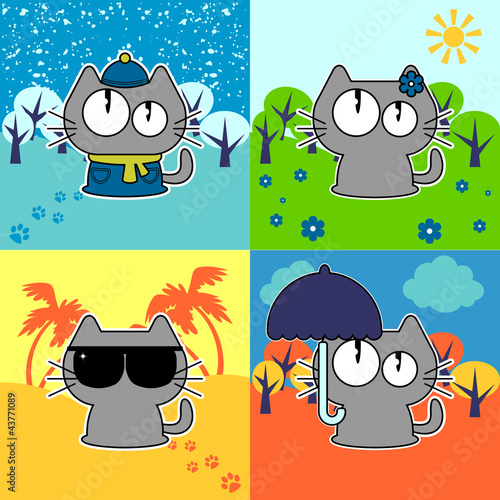 Cute funny cat in four seasons set