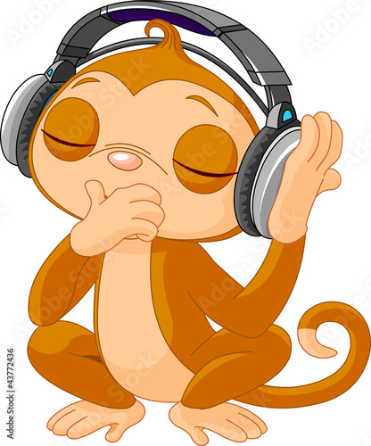 Canvas Print Cute little Monkey listening music
