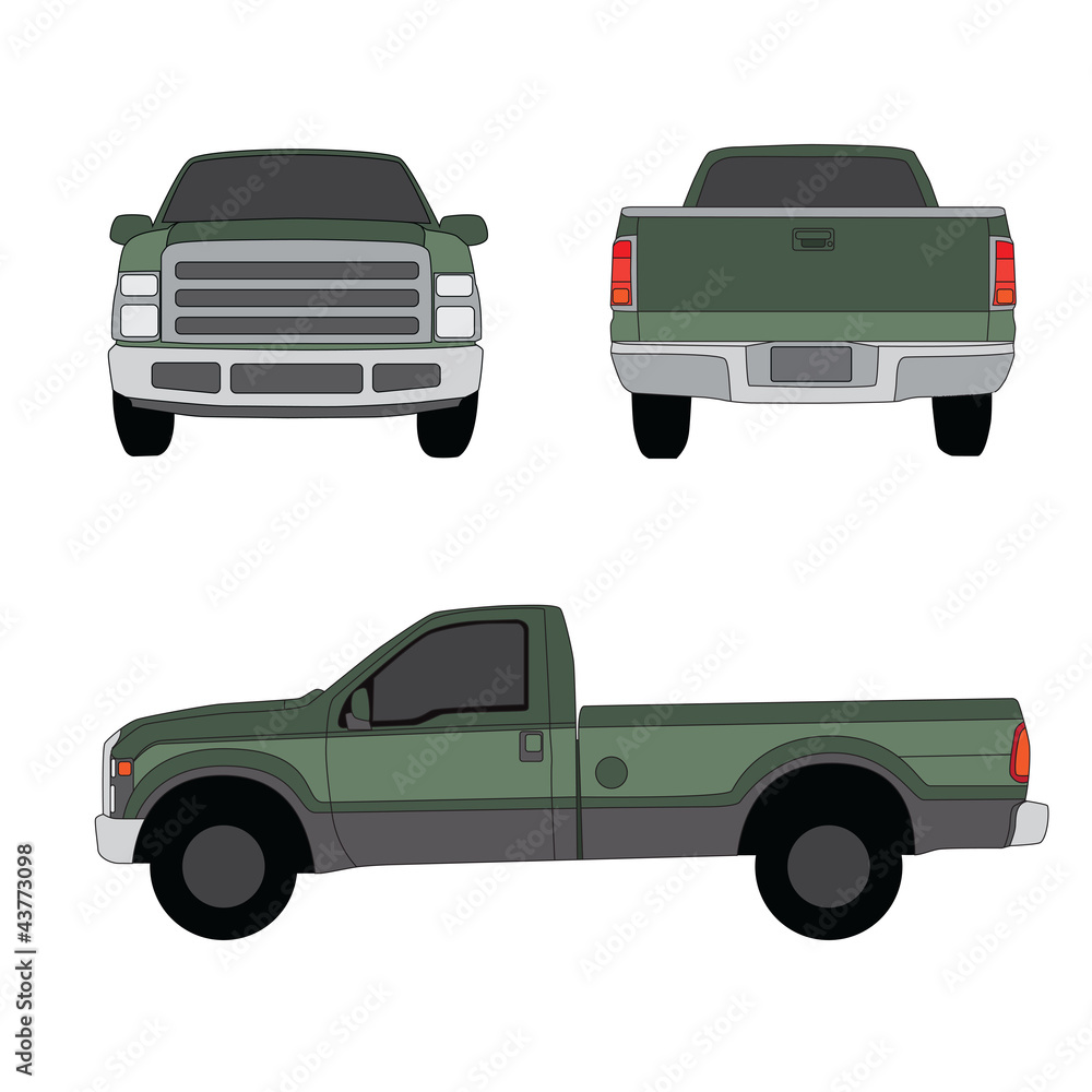 Pick-up truck green three sides view vector illustration