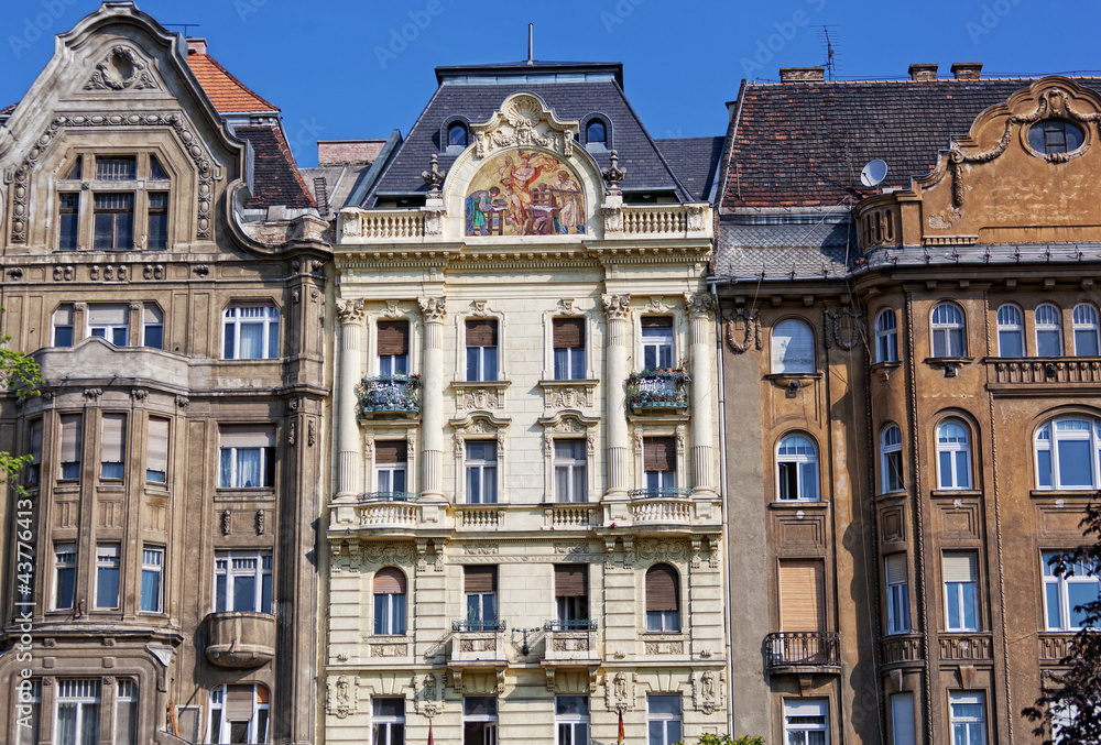 Hungary, Budapest, facades of old houses