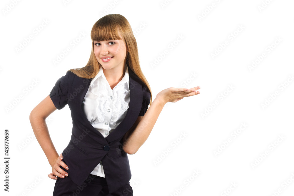 cute student girl with presenting gesture isolated over white cute student girl with presenting gesture isolated over white