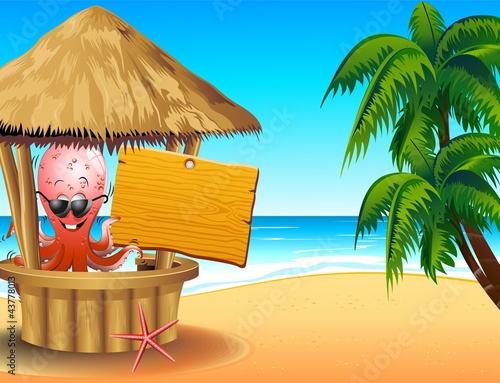 Polpo Barista in Spiaggia Cartoon Octopus Barman on the Beach