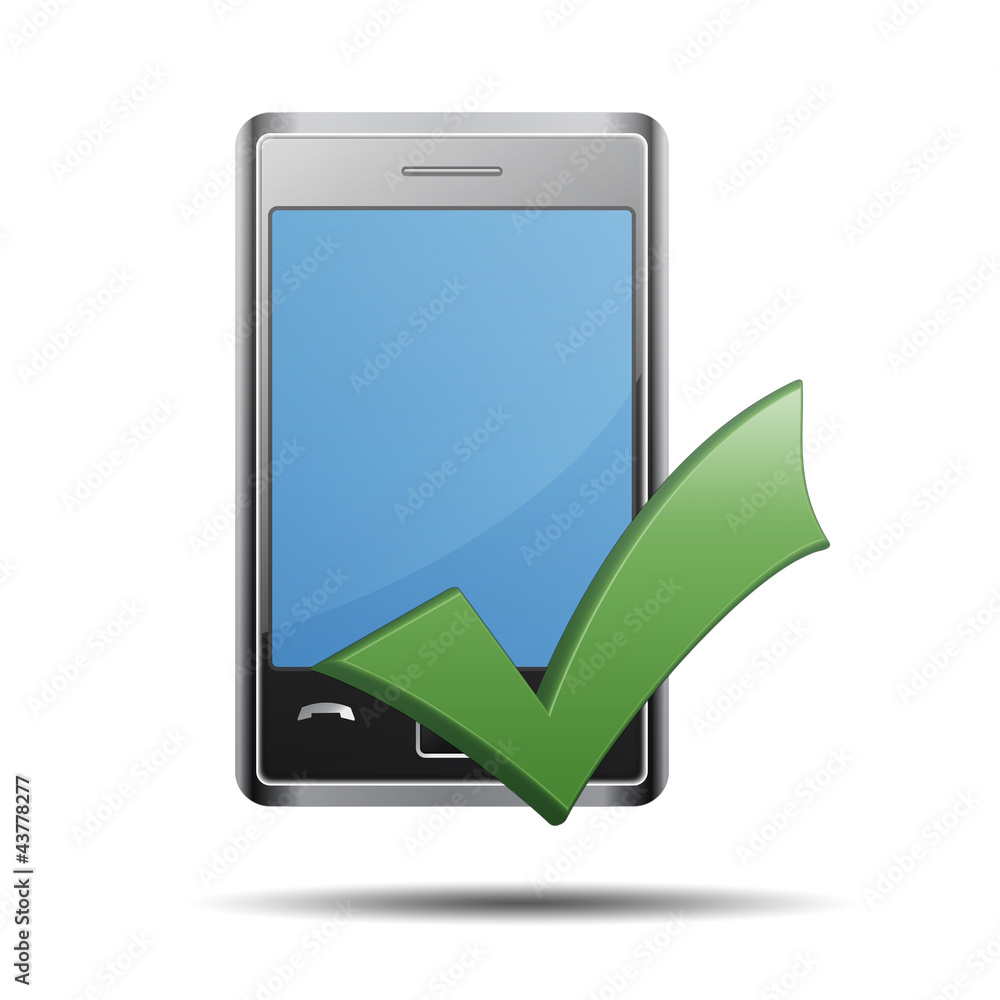 Icono smart phone 3D con simbolo validacion Icono smart phone 3D con simbolo validacion