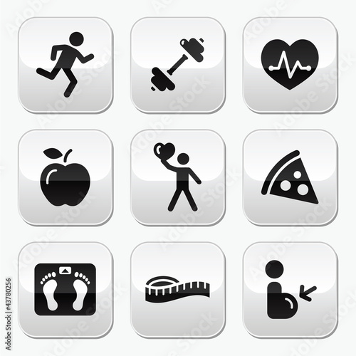 Keep fit and healthy icons on glossy buttons